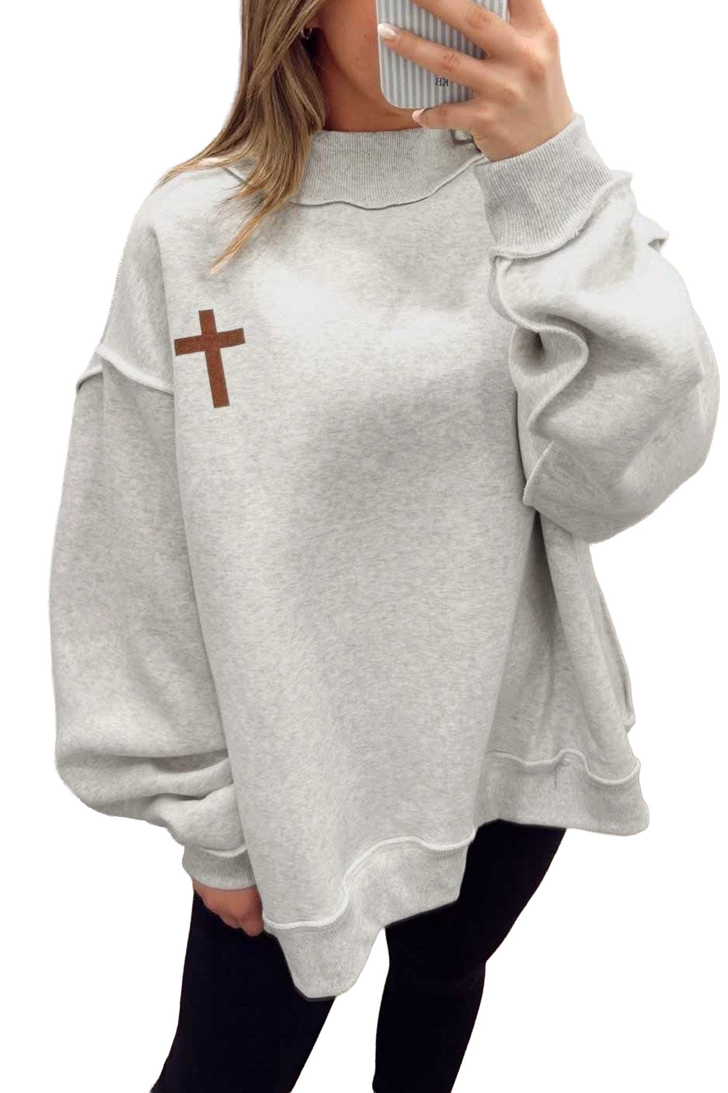 Reversible Christian Faith Print Mock Neck Pullover Sweatshirt – Light Grey