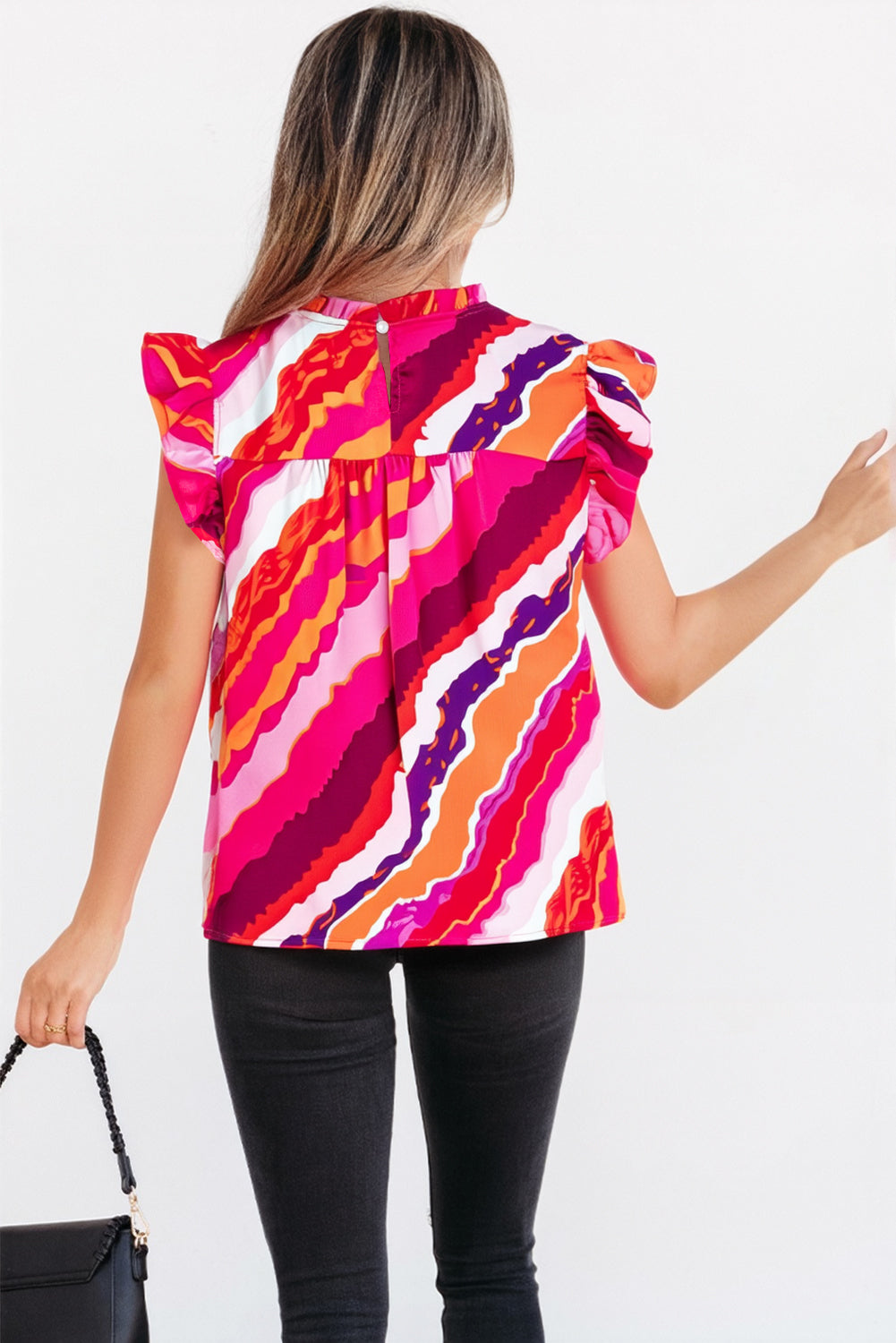 Rose Abstract Print Shirred Yoke Ruffled Blouse eAura