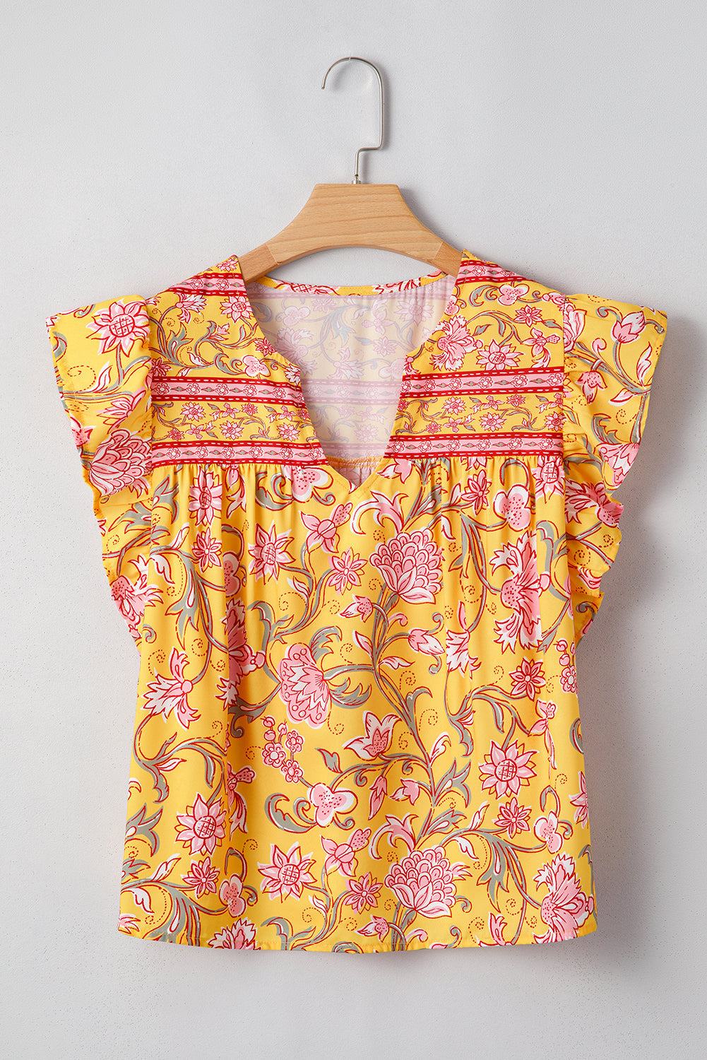 Yellow Floral Notched Neck Ruffled Sleeve Casual Blouse eAura