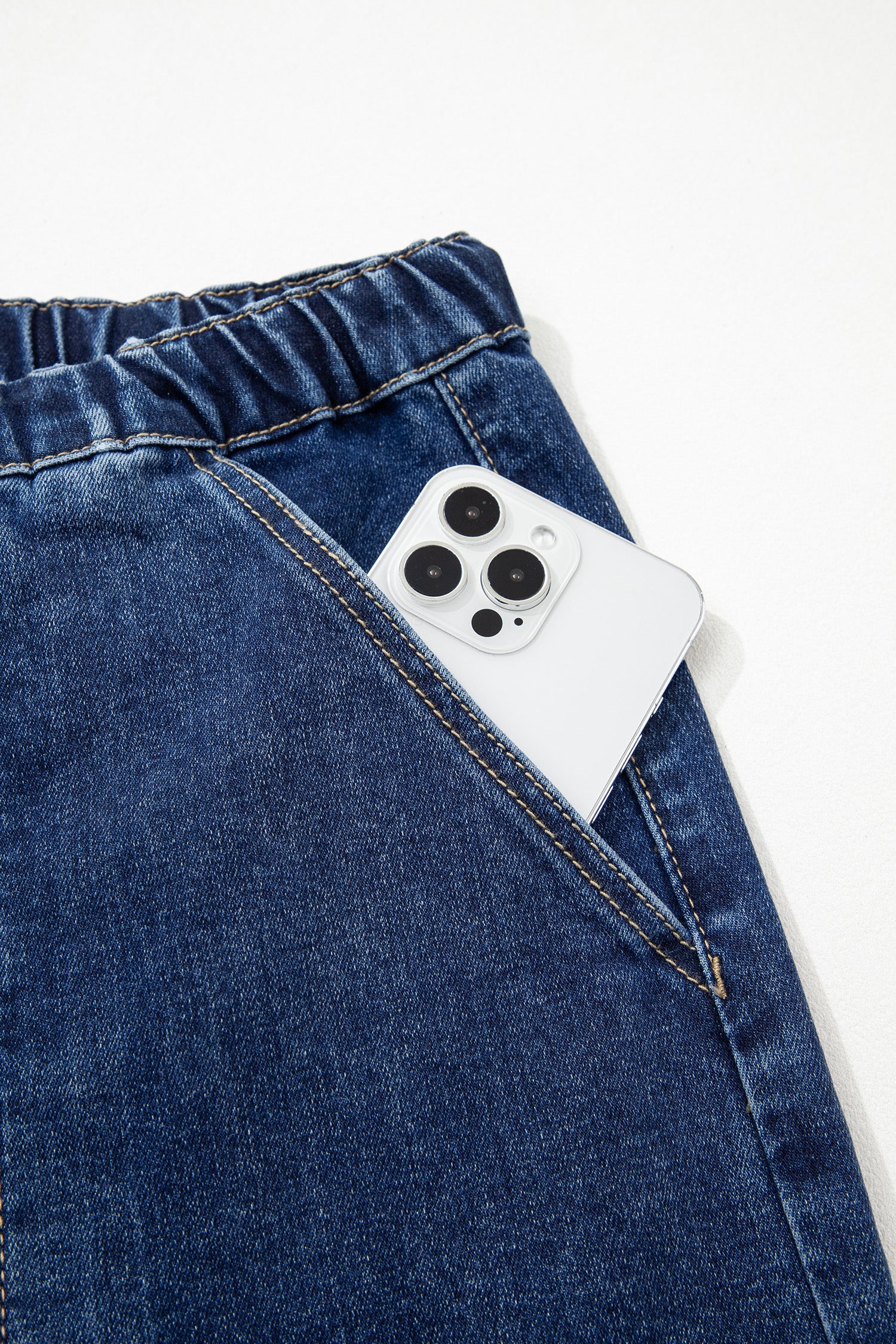 Drawstring Seam Detail Raw Hem Wide Leg Denim Jeans - eAura