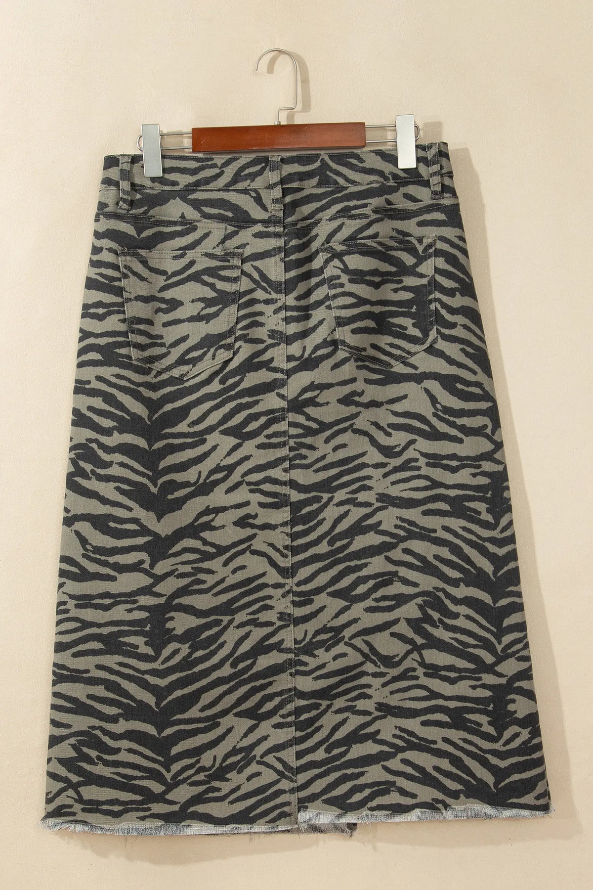 Leopard Print Side Split Frayed Hem Denim Midi Skirt