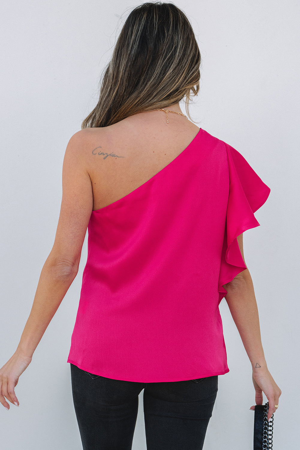 Strawberry Pink Asymmetric Shoulder Ruffle Sleeve Elegant Blouse eAura