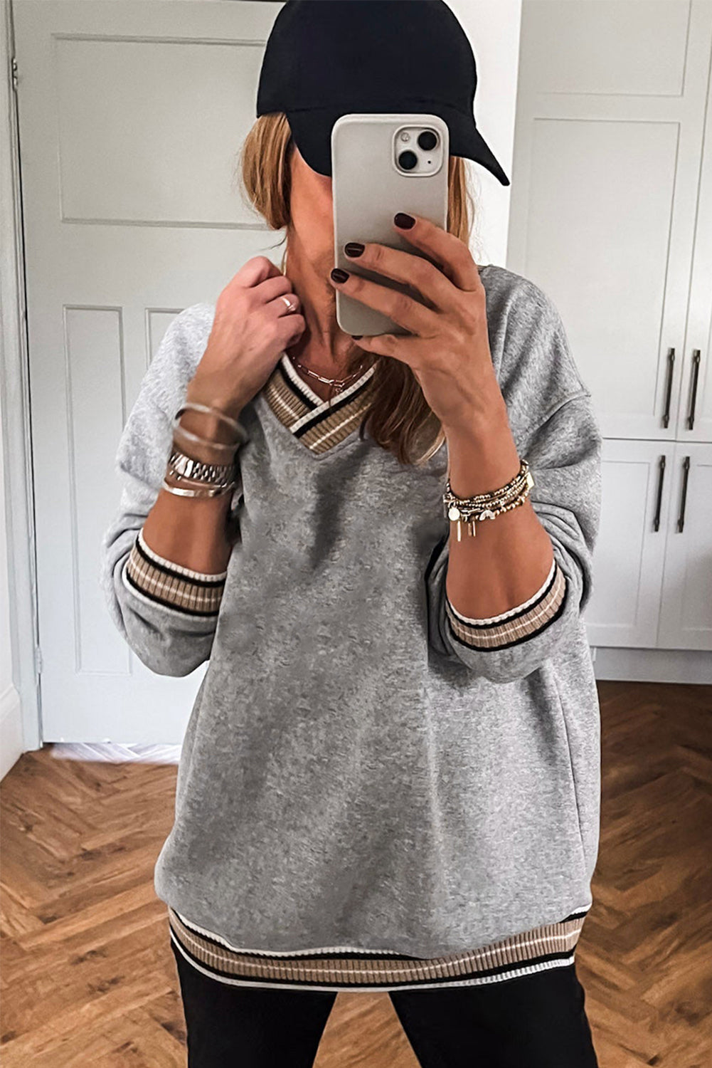 Grey Varsity Contrast Striped Trim V-Neck Sweatshirt - eAura