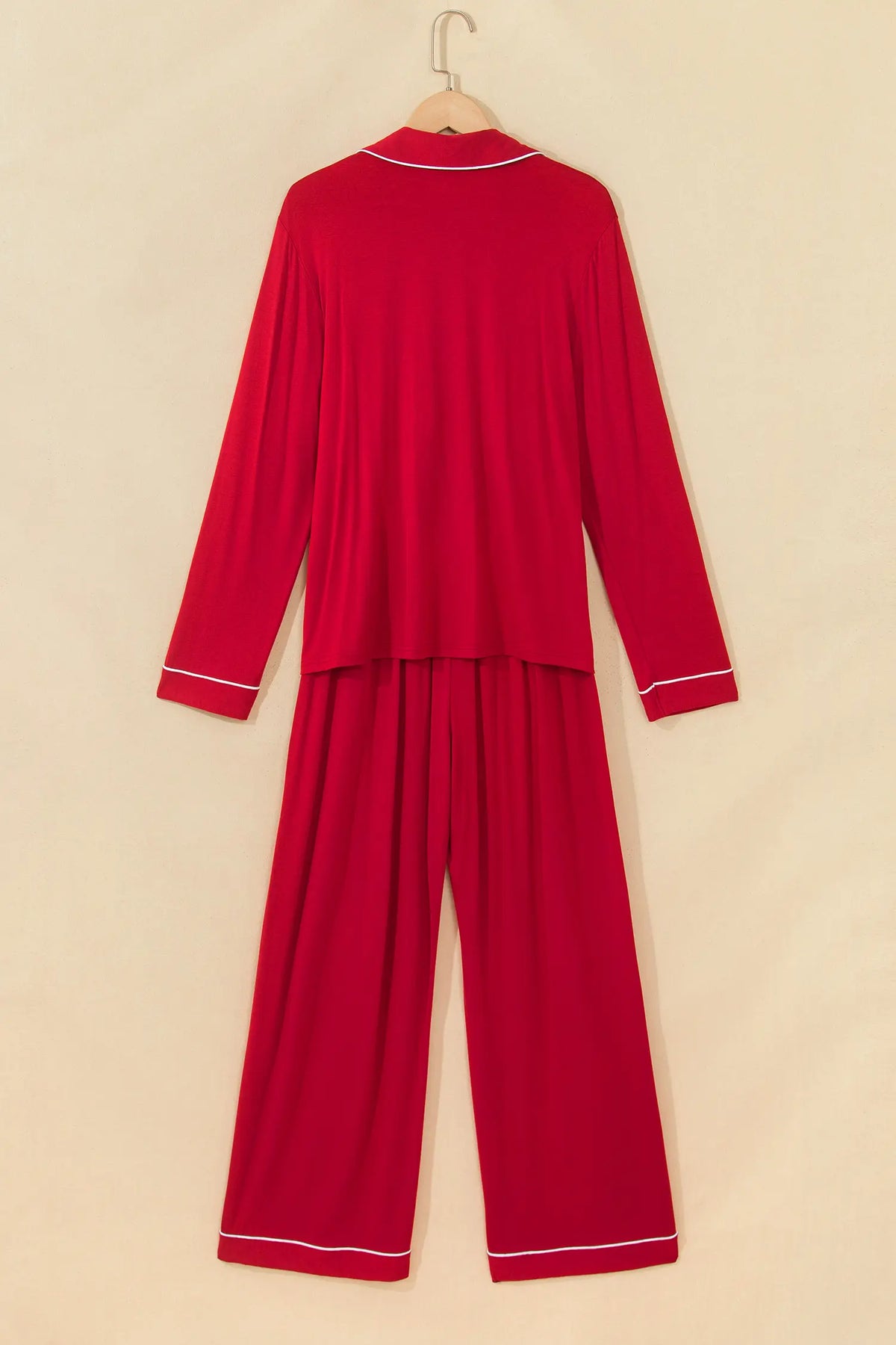 Racing Red Bow Pocket Detail Long Sleeve Shirt 2pcs Pajama Set