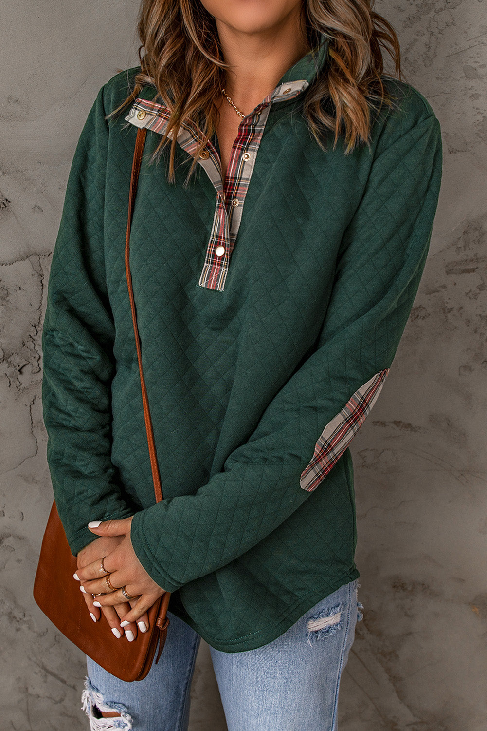 Green Geometric Texture Plaid Trim Sweatshirt eAura