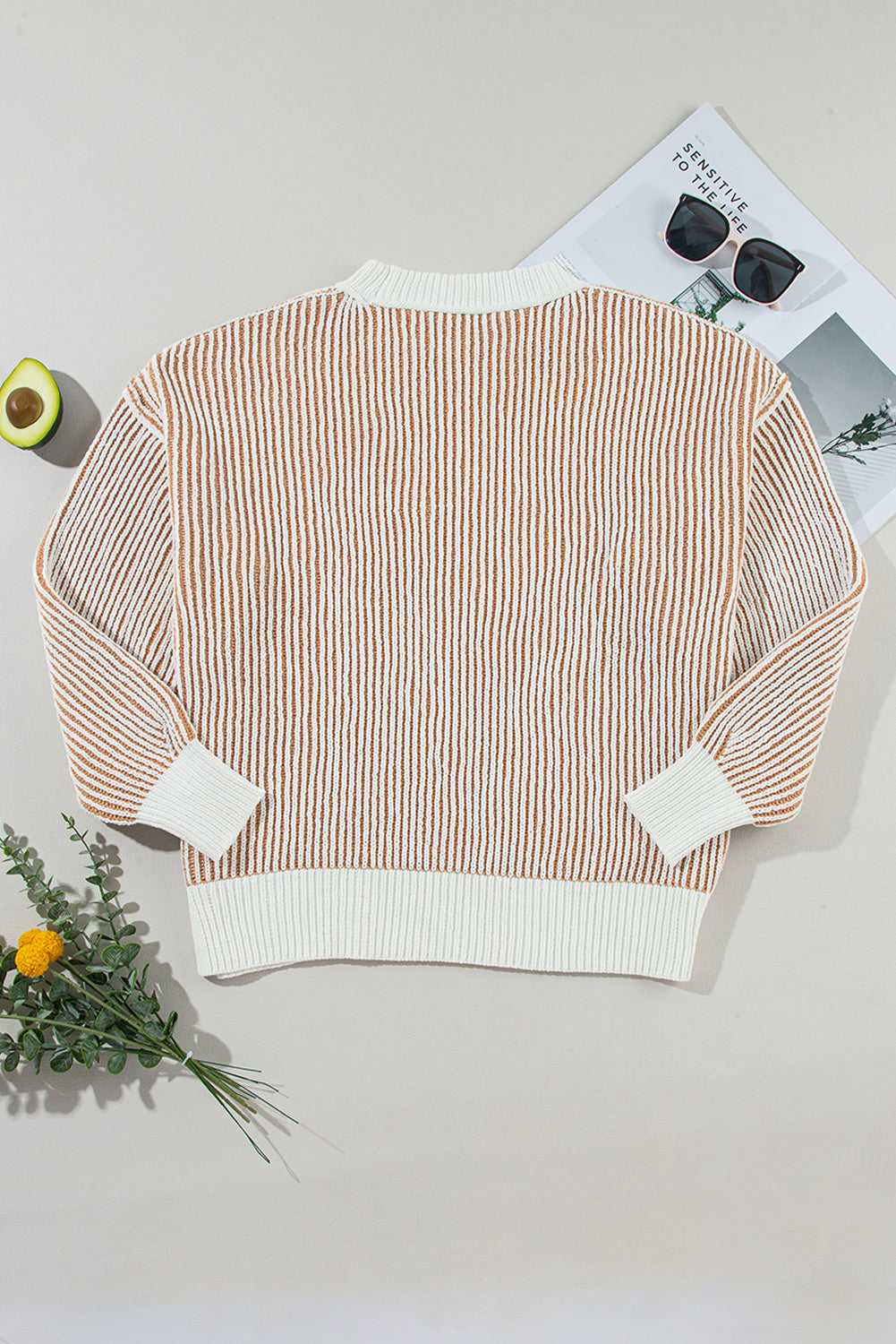 Bright Pink Striped Textured Knit Contrast Edge Loose Sweater eAura