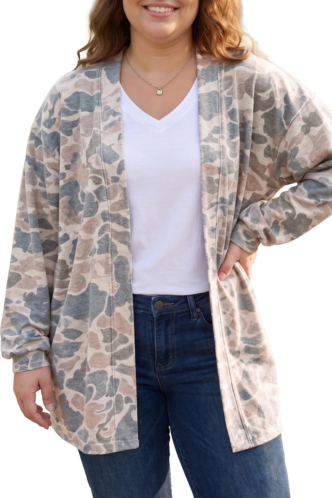 Retro Camouflage Print Plus Size Open Tunic Cardigan