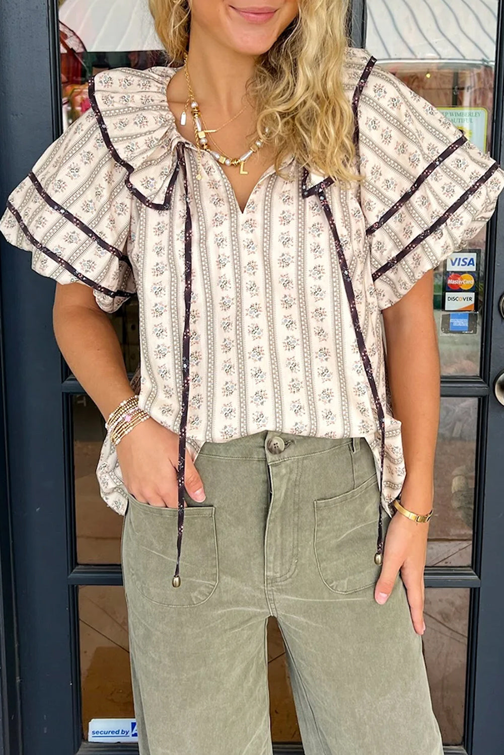 White Floral Ruffled Collar Short Puff Sleeve Printed Blouse eAura
