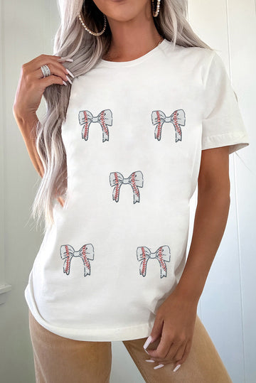 White Glitter Baseball Bow Patched Cotton Blend T-Shirt eAura