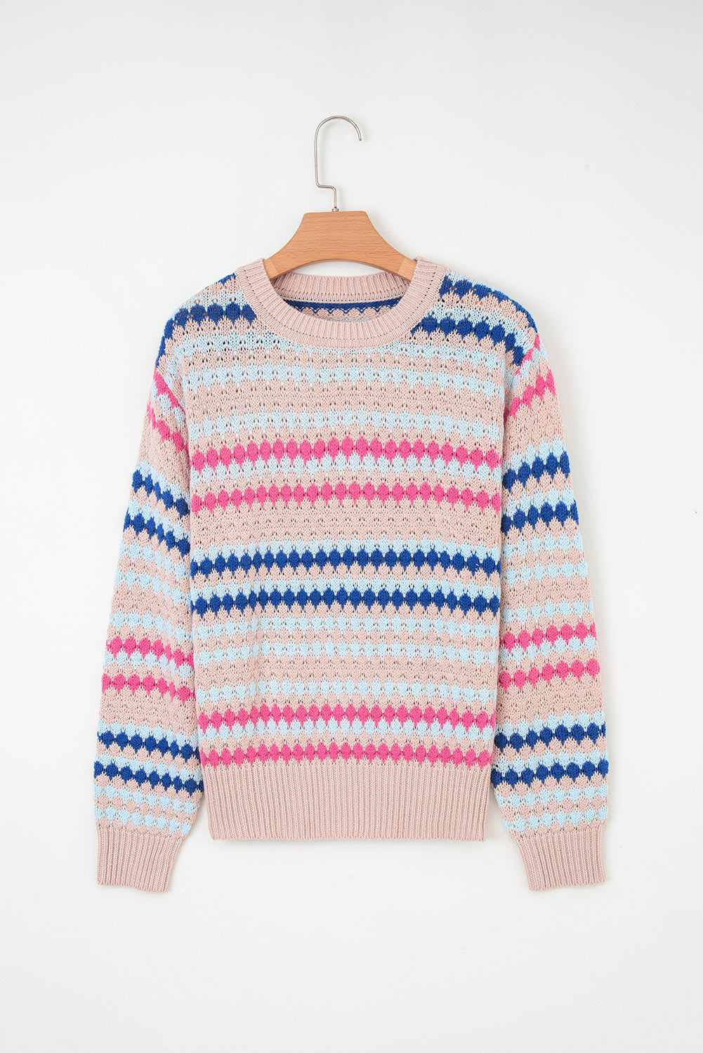 Striped Eyelet Patterned Drop Shoulder Knit Sweater - eAura