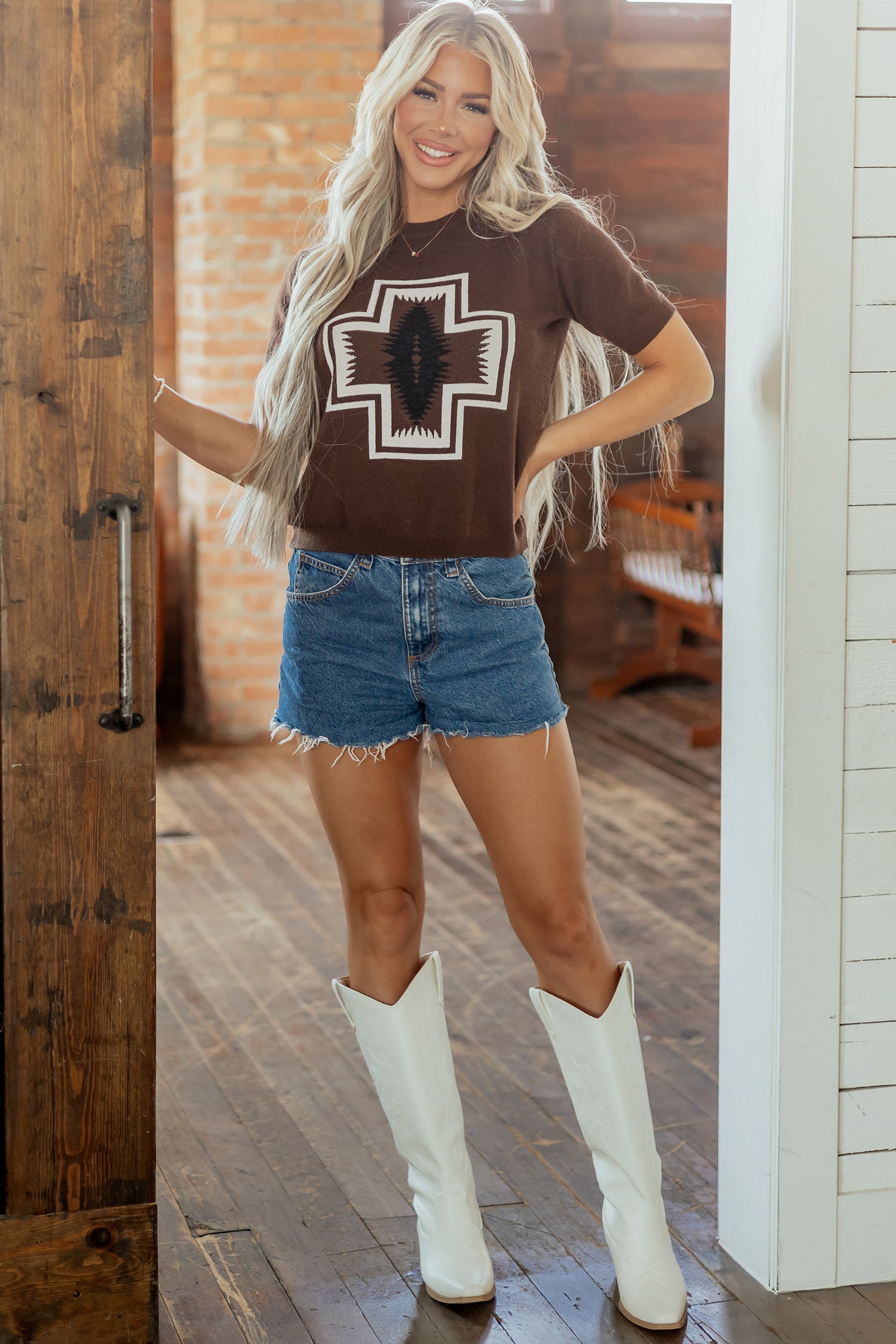 Western Print Short Sleeve Knit Casual Sweater – Brown