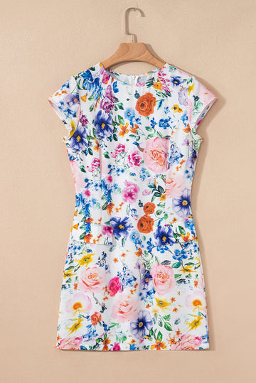 Sky Blue Vibrant Floral Print Cap Sleeve Mini Dress - Dresses/Mini Dresses
