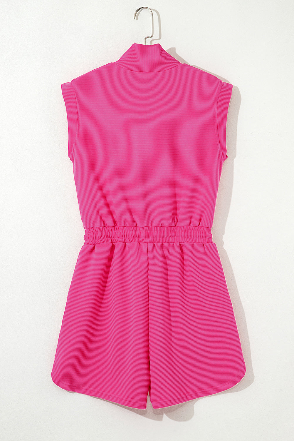 Rose Red Textured Short Sleeve Half Zip Drawstring Waist Romper eAura