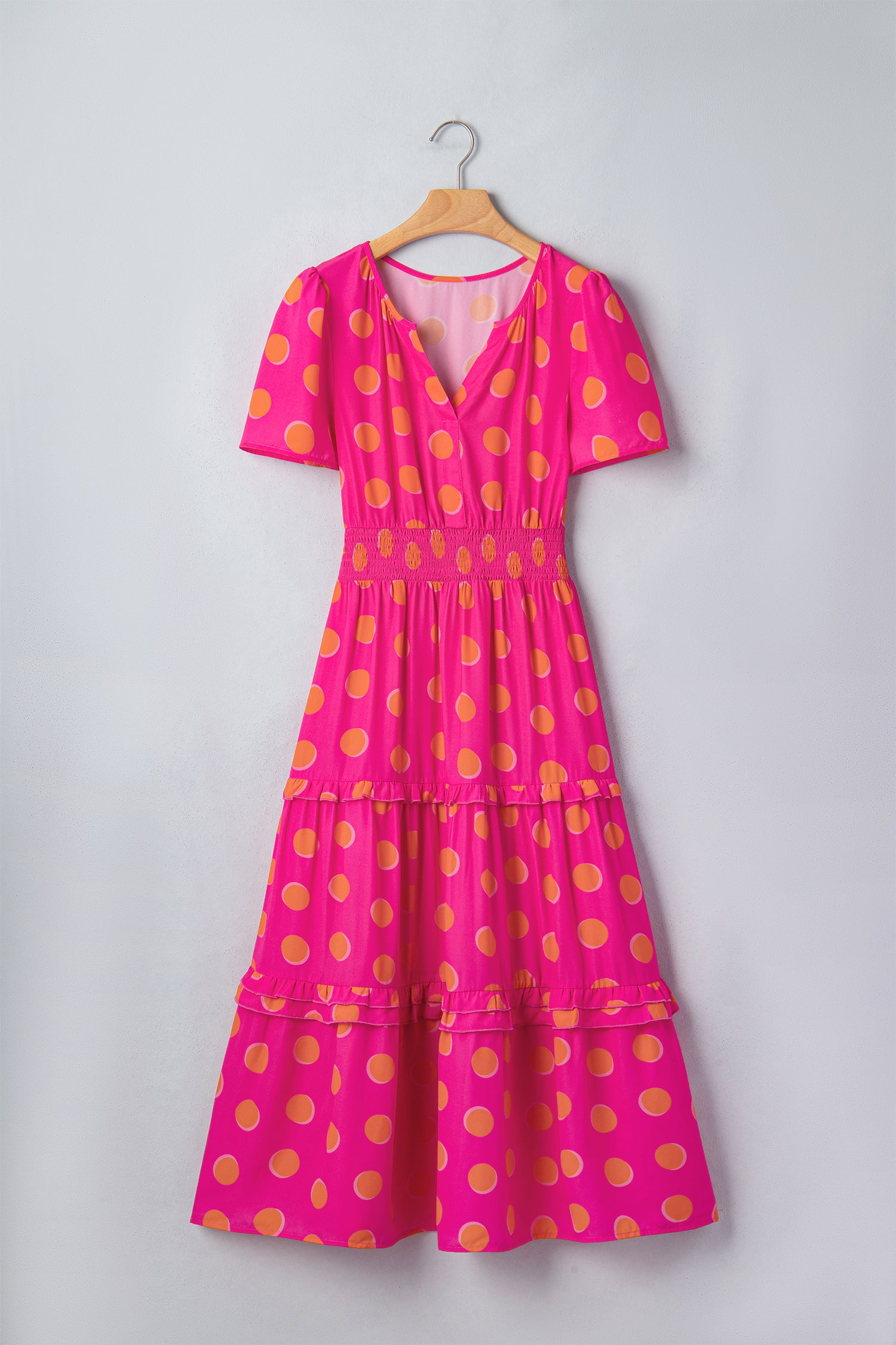 Rose Polka Dot Short Sleeve Shirred High Waist Midi Dress