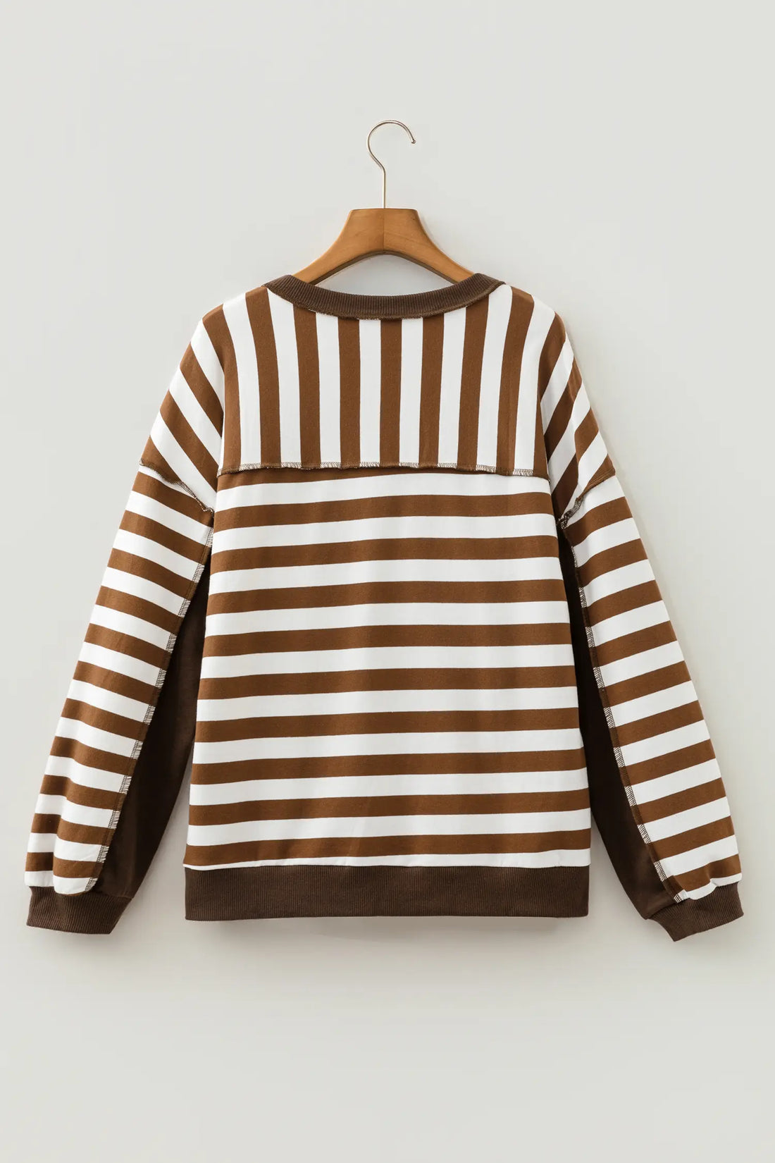 Exposed Seam Colour Block Patchwork Button Placket Sweatshirt – Brown Stripe