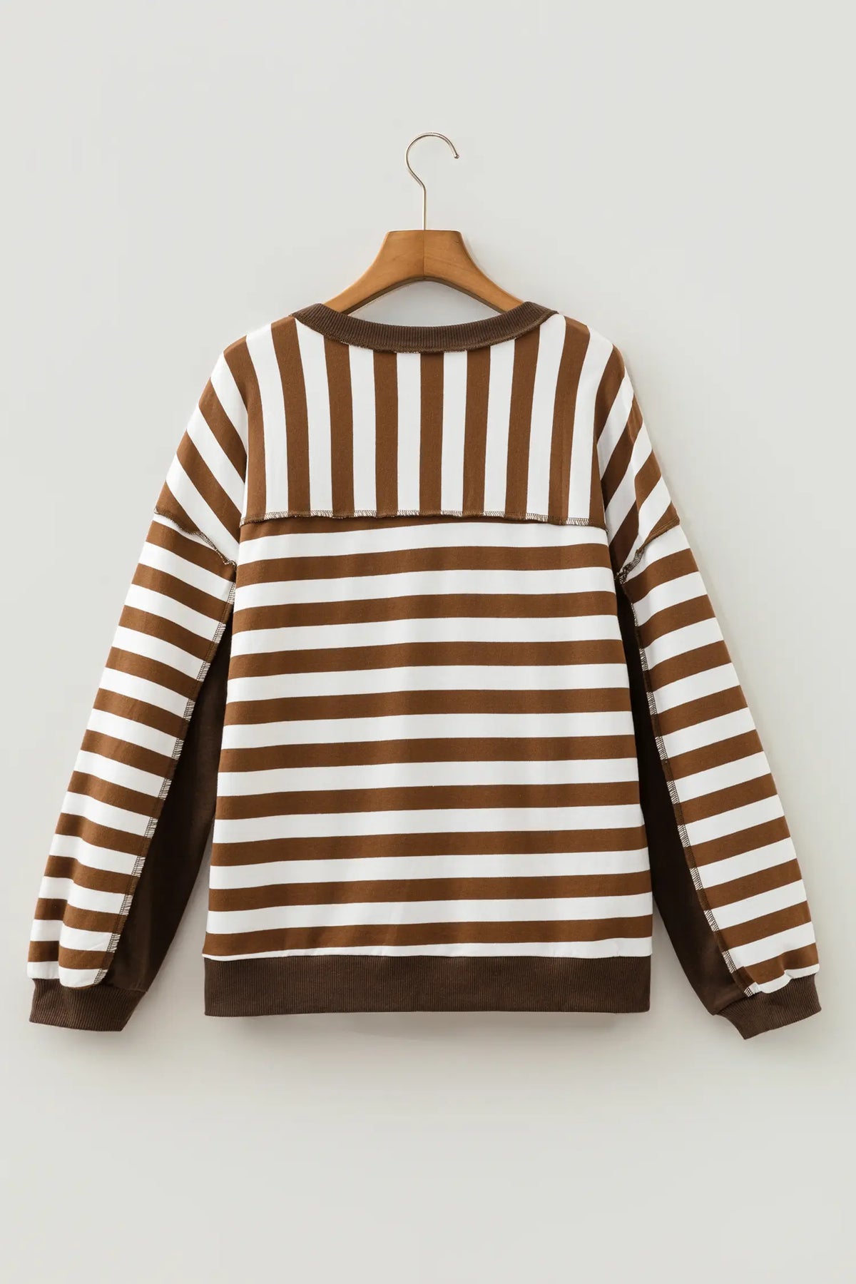 Exposed Seam Colour Block Patchwork Button Placket Sweatshirt – Brown Stripe