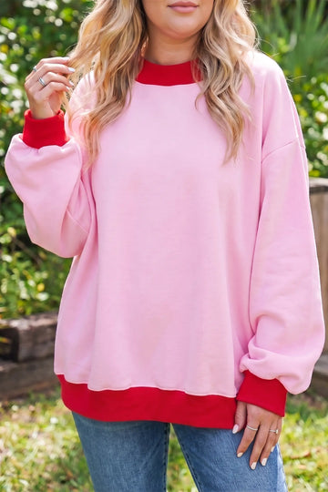 Color Block Contrast Trim Plus Size Sweatshirt – Pink