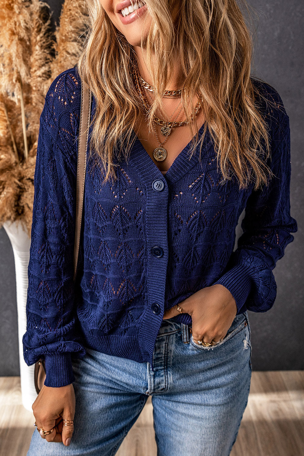 Blue Lightweight Buttoned Front Crochet Cardigan eAura