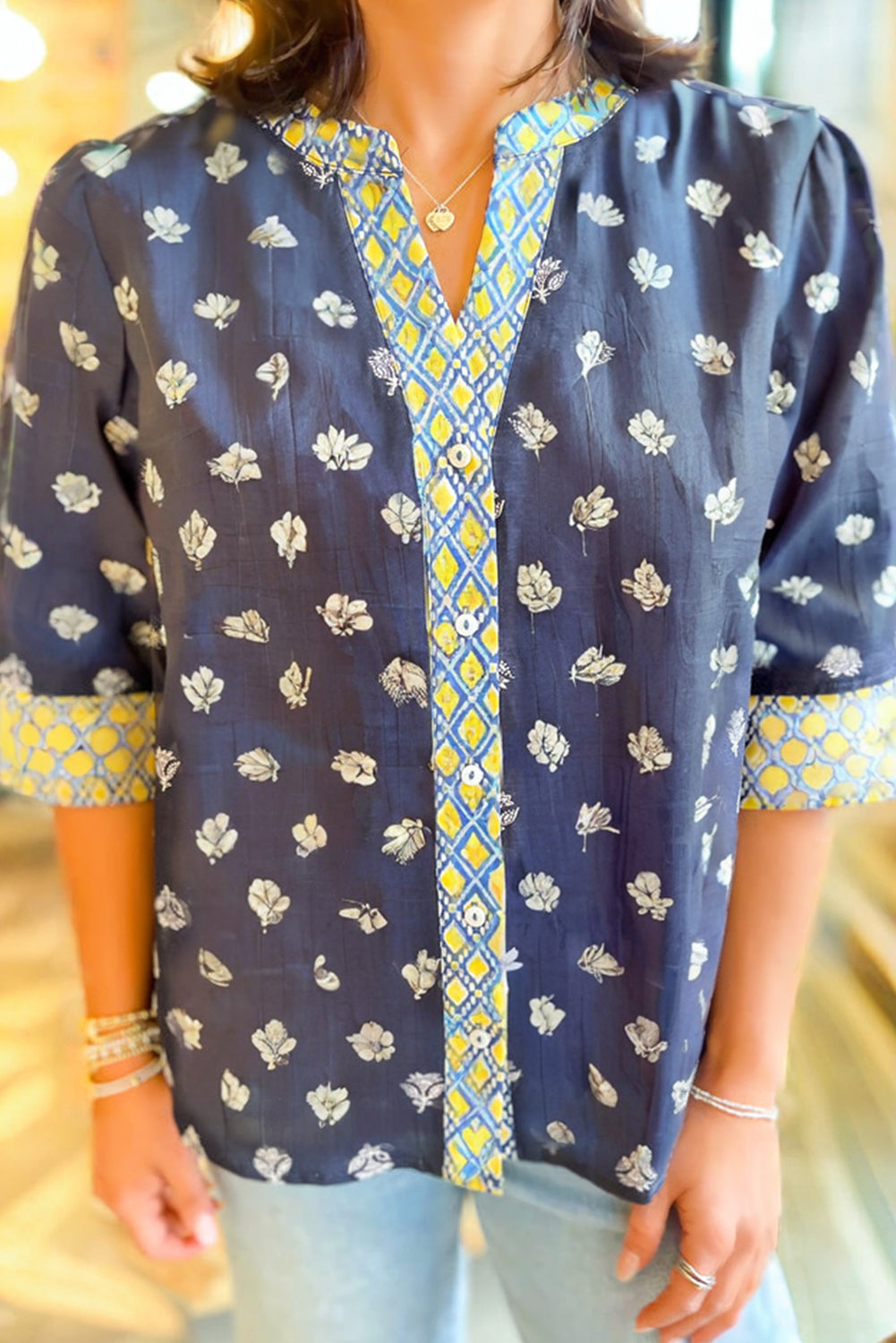 Blue Floral Print Half Sleeve Contrast Trim V Neck Blouse Dear-Lover Dropshipping