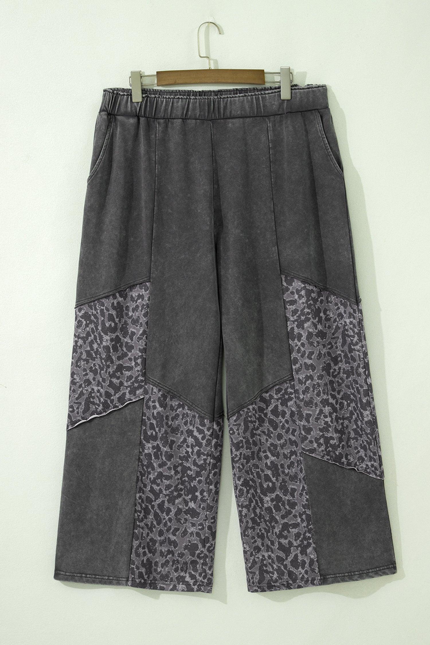 Plus Size Leopard Patchwork Mineral Wash Wide Leg Pants – Dark Grey