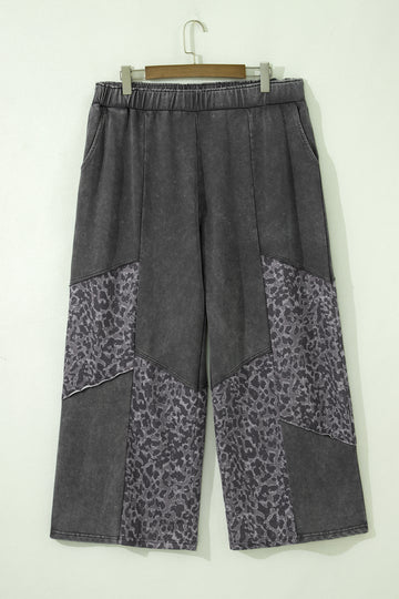 Plus Size Leopard Patchwork Mineral Wash Wide Leg Pants – Dark Grey