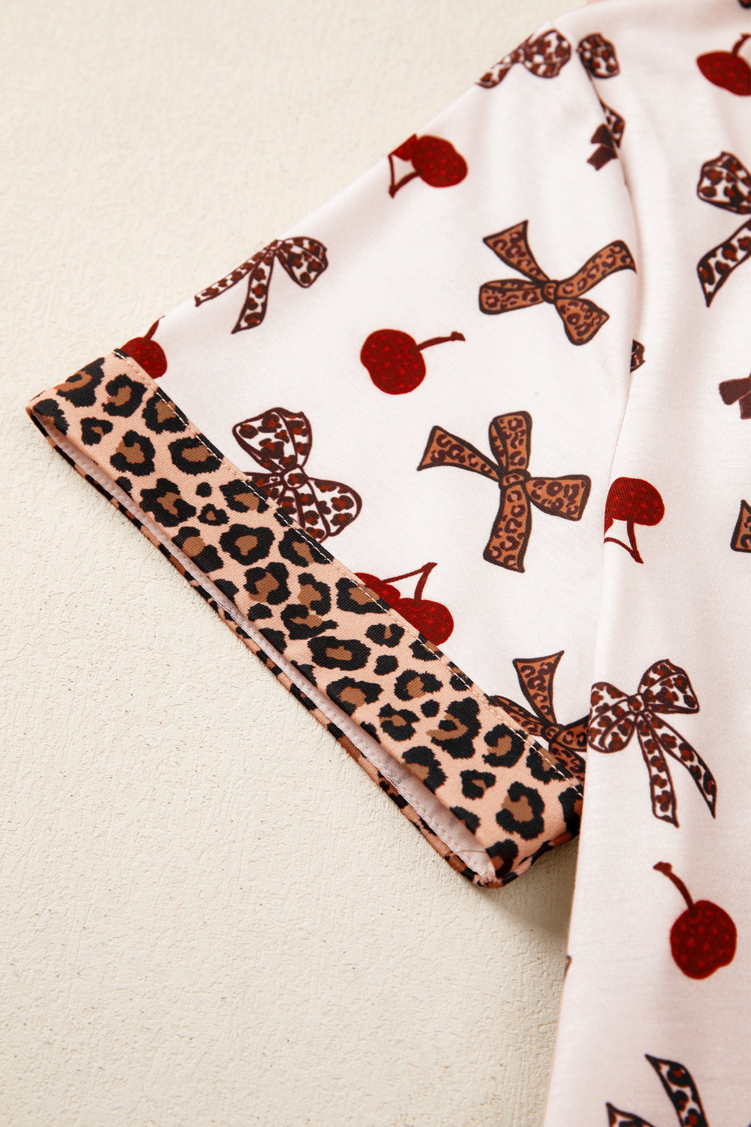 Chic Bow Cherry Print Leopard Contrast Shirt and Drawstring Pyjams