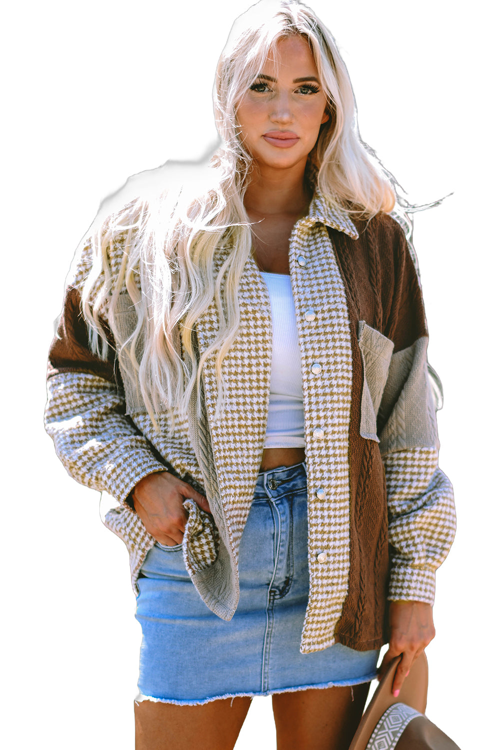 Khaki Houndstooth Colour Contrast Textured Patchwork Loose Shacket eAura