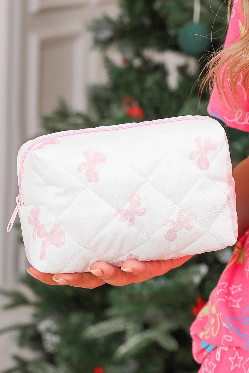 Sweet Bow Knot Print Quilted Zipper Cosmetic Bag – White