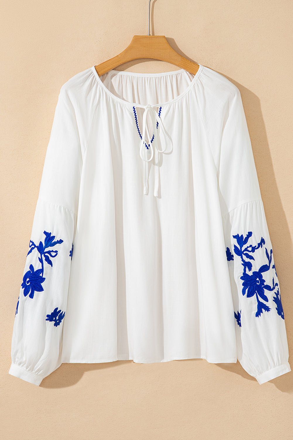 Floral Embroidered Drawstring V-Neck Blouse - Tops/Blouses & Shirts