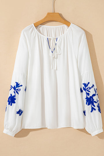 Floral Embroidered Drawstring V-Neck Blouse - Tops/Blouses & Shirts