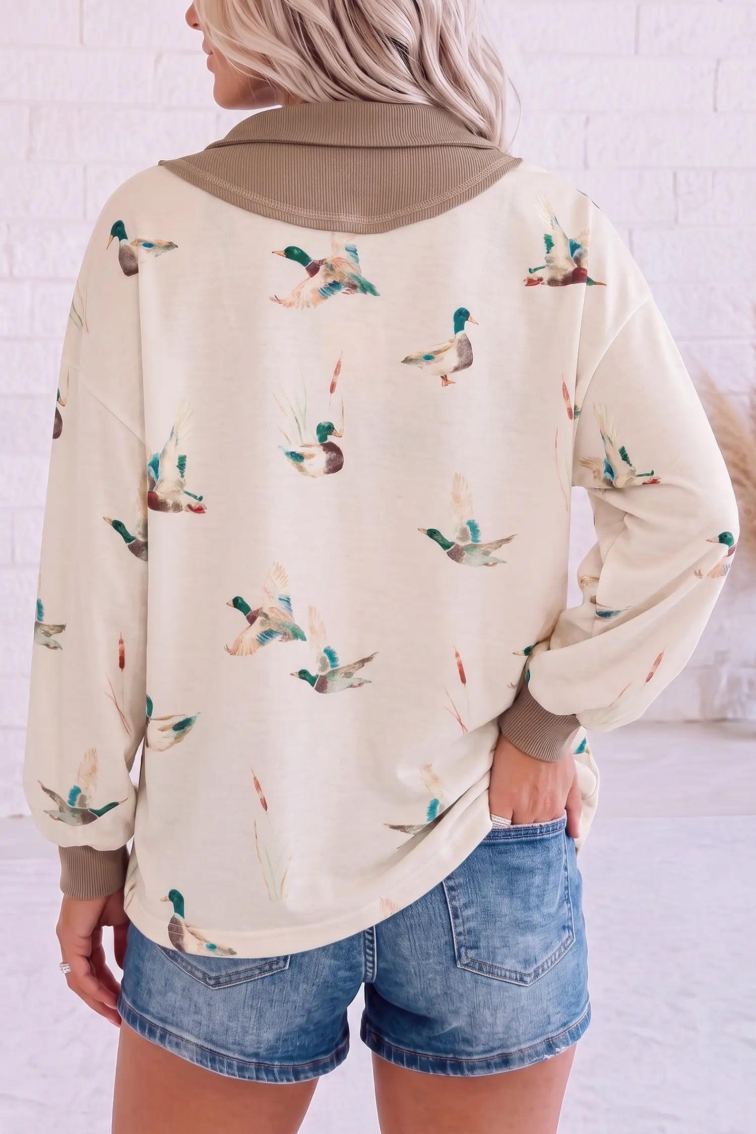 Wild Mallard Print Color Block Patchwork Zip Neck Tunic Top – Beige
