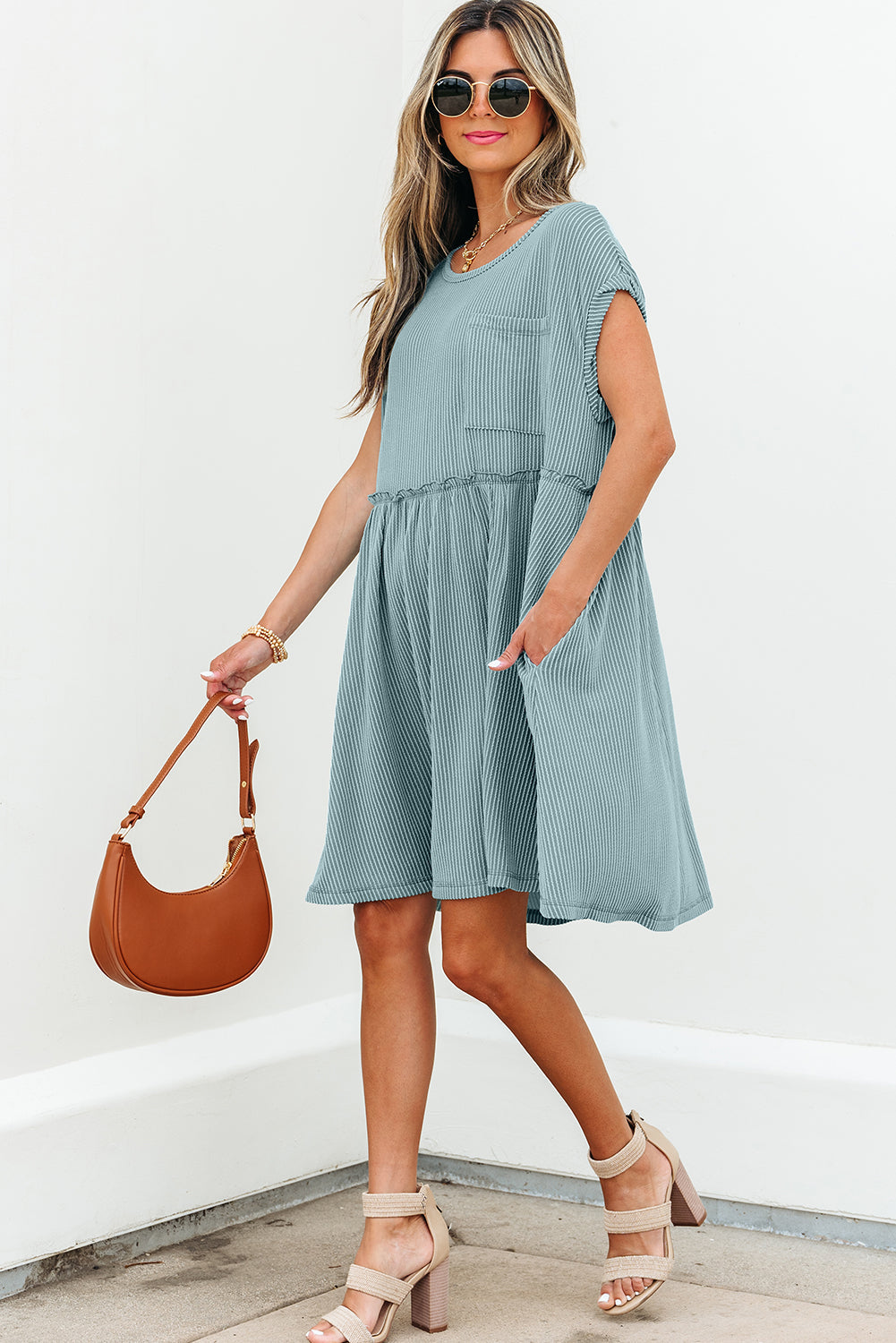 Canton Ribbed Knit Textured Patched Pocket Frilled Swing Mini Dress with Pockets eAura