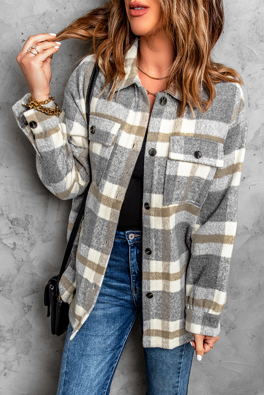 Brown Plaid Print Pocket Women Shacket eAura