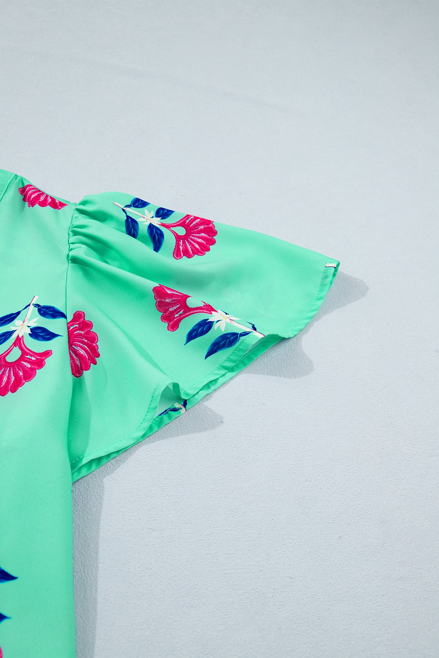 Floral V Neck Flutter Sleeve Blouse – Green