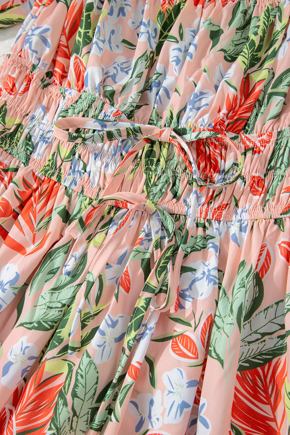 Apricot Pink Floral Smocked Bust Bubble Short Sleeve Maxi Dress eAura