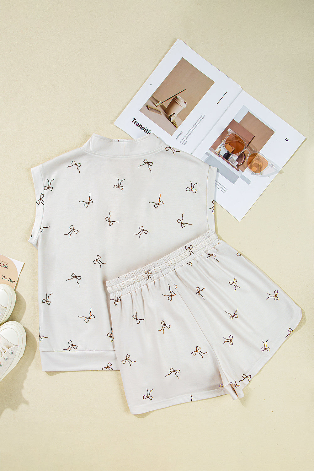 Beige Bow Print Half Zip Tank and Shorts 2pcs Set eAura
