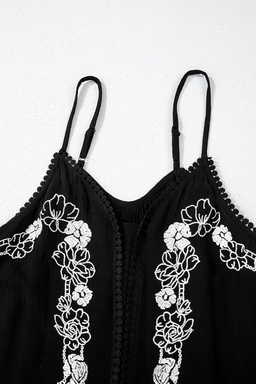 Black Floral Embroidery Ruffled Spaghetti Straps Tank Top eAura