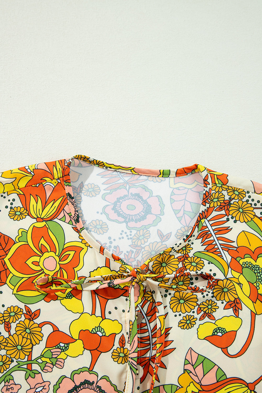 Yellow Cream Floral Print V Neck Puff Sleeve Mini Dress eAura