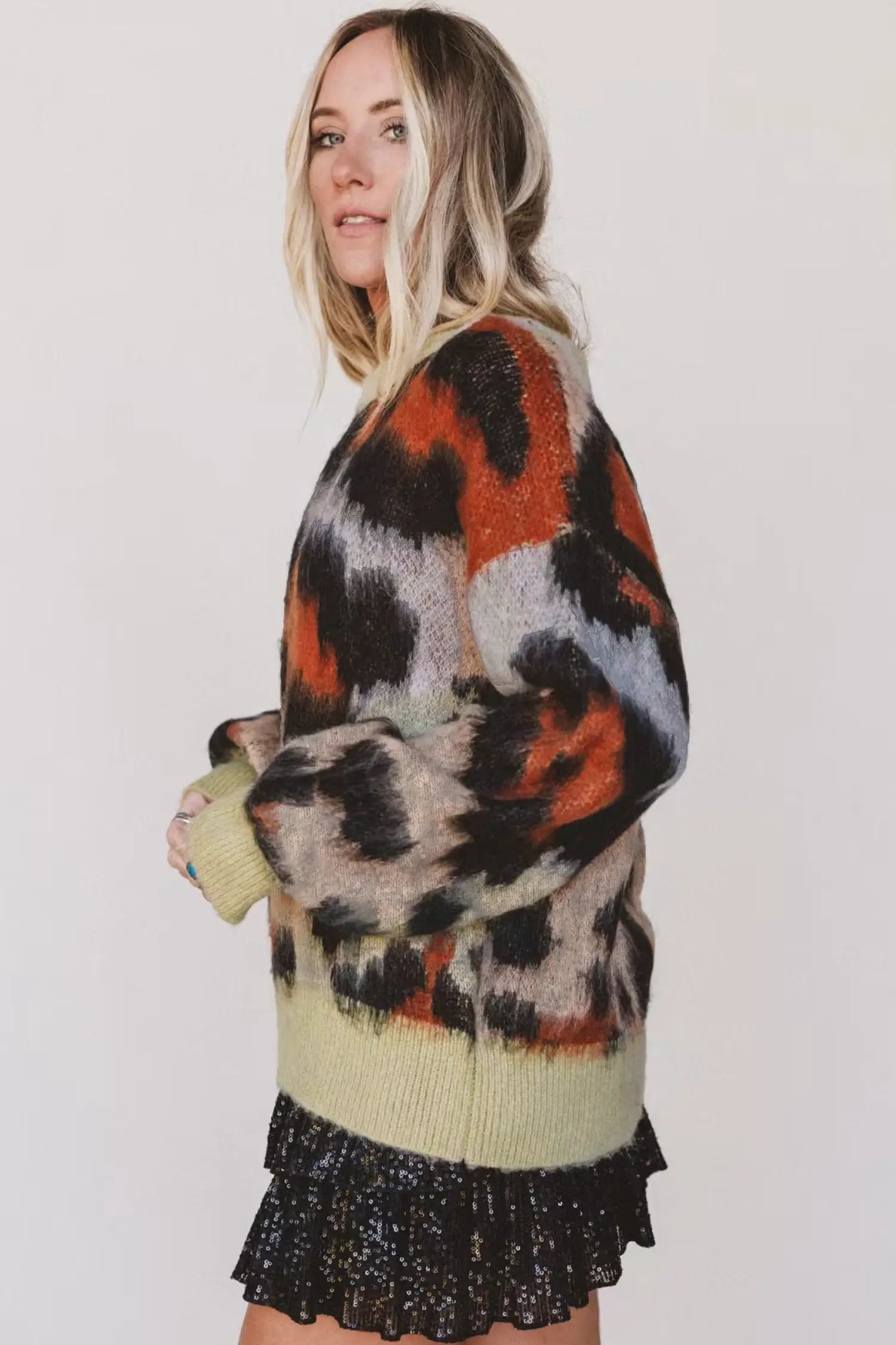 Leopard Print Drop Shoulder Long Sleeve Round Neck Sweater – Khaki