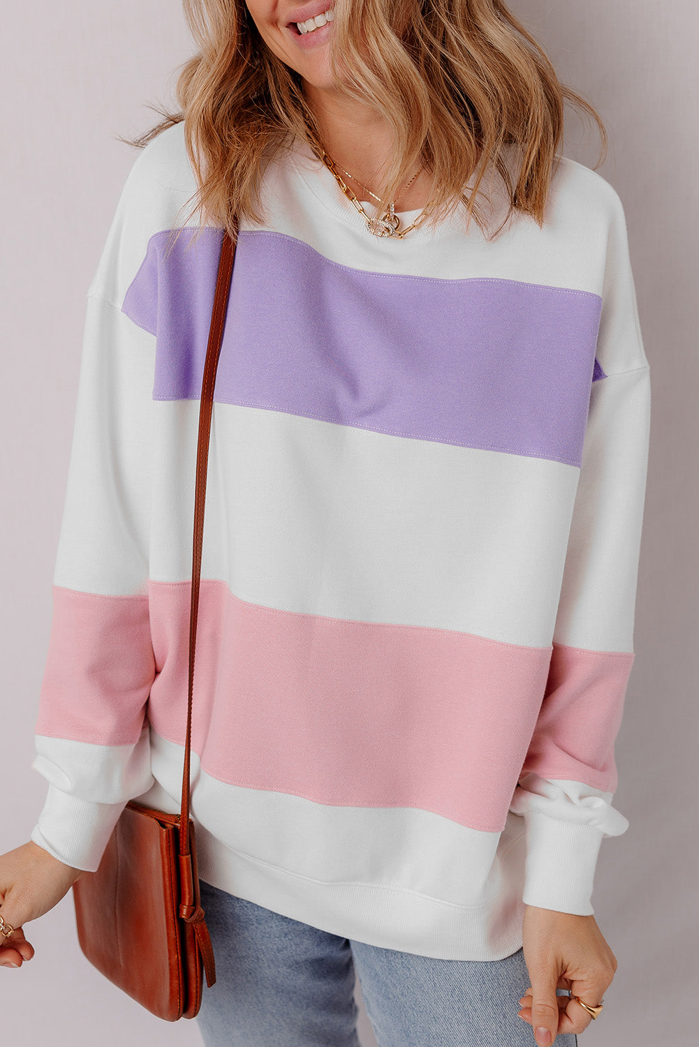 Beige Colourblock Patchwork Drop Shoulder Crewneck Sweatshirt eAura