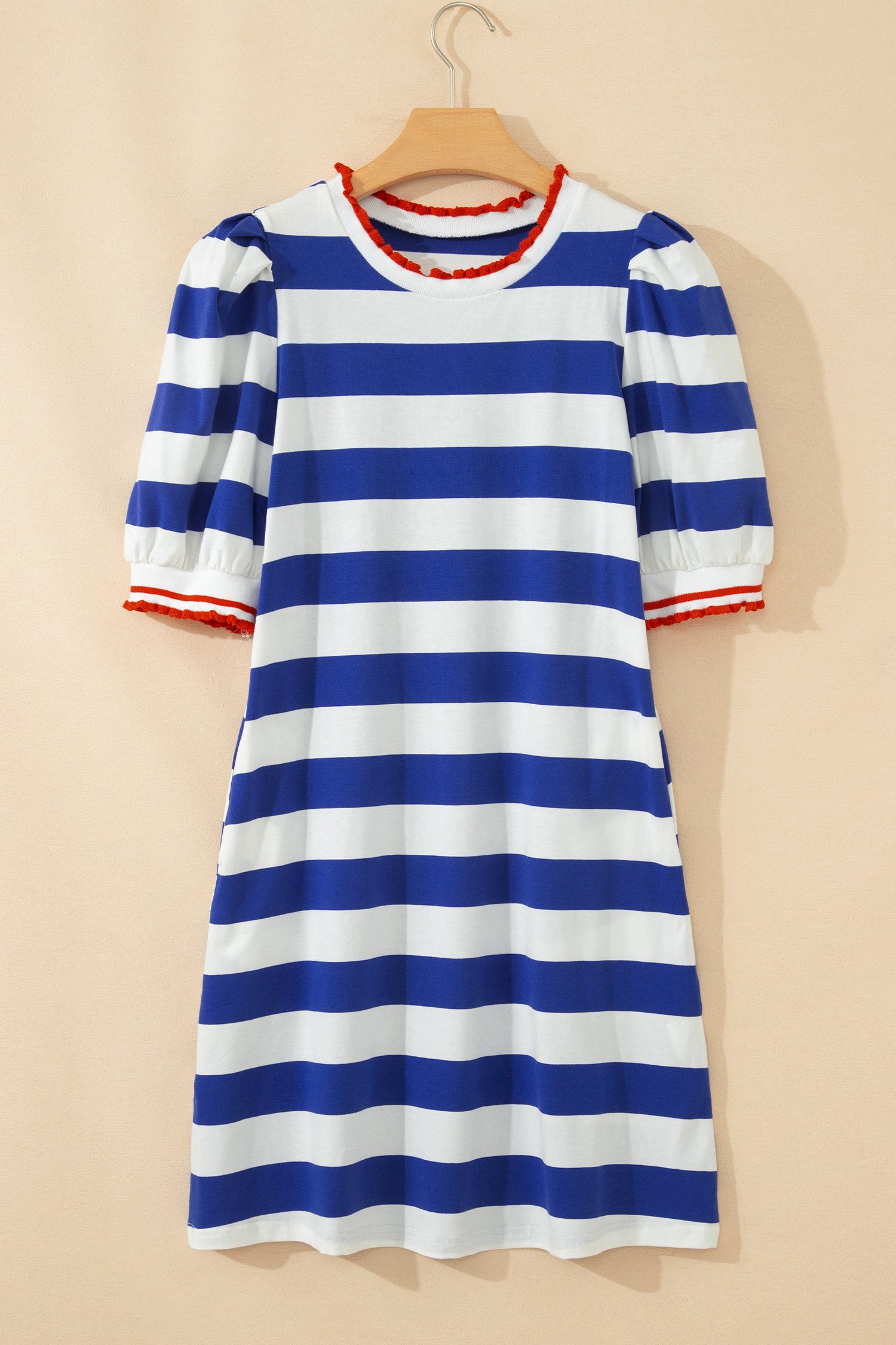 Stripe Contrast Trim Round Neck Short Puff Sleeve Shift Mini Dress