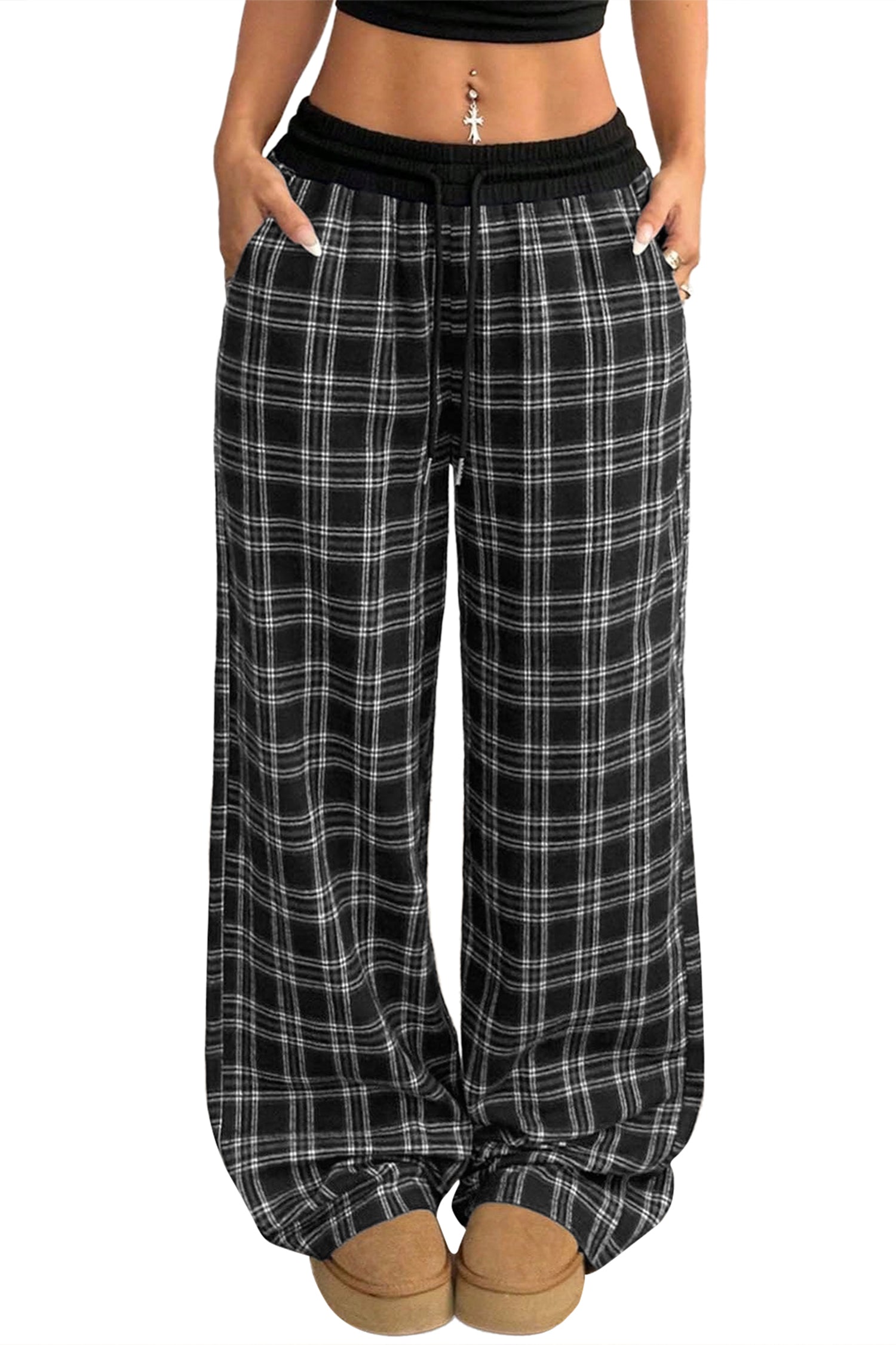 Frenchy Plaid Pattern Contrast Drawstring Waist Wide Leg Pants – Black