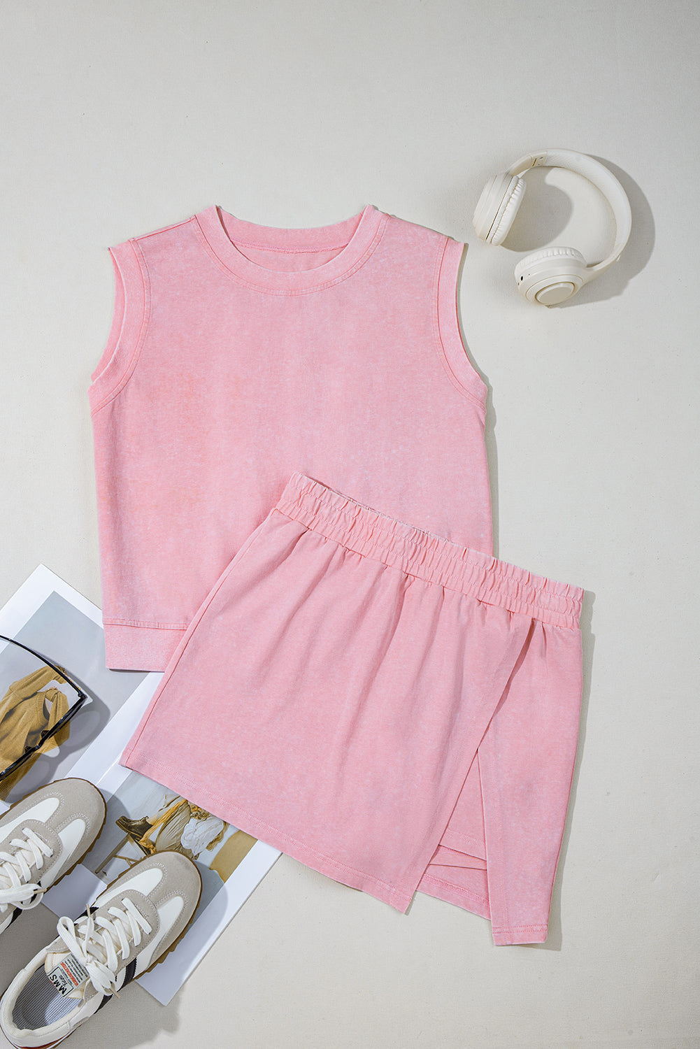 Light Pink 2 Pieces Mineral Wash Cotton Tank Top Lined Split Skirt Set eAura