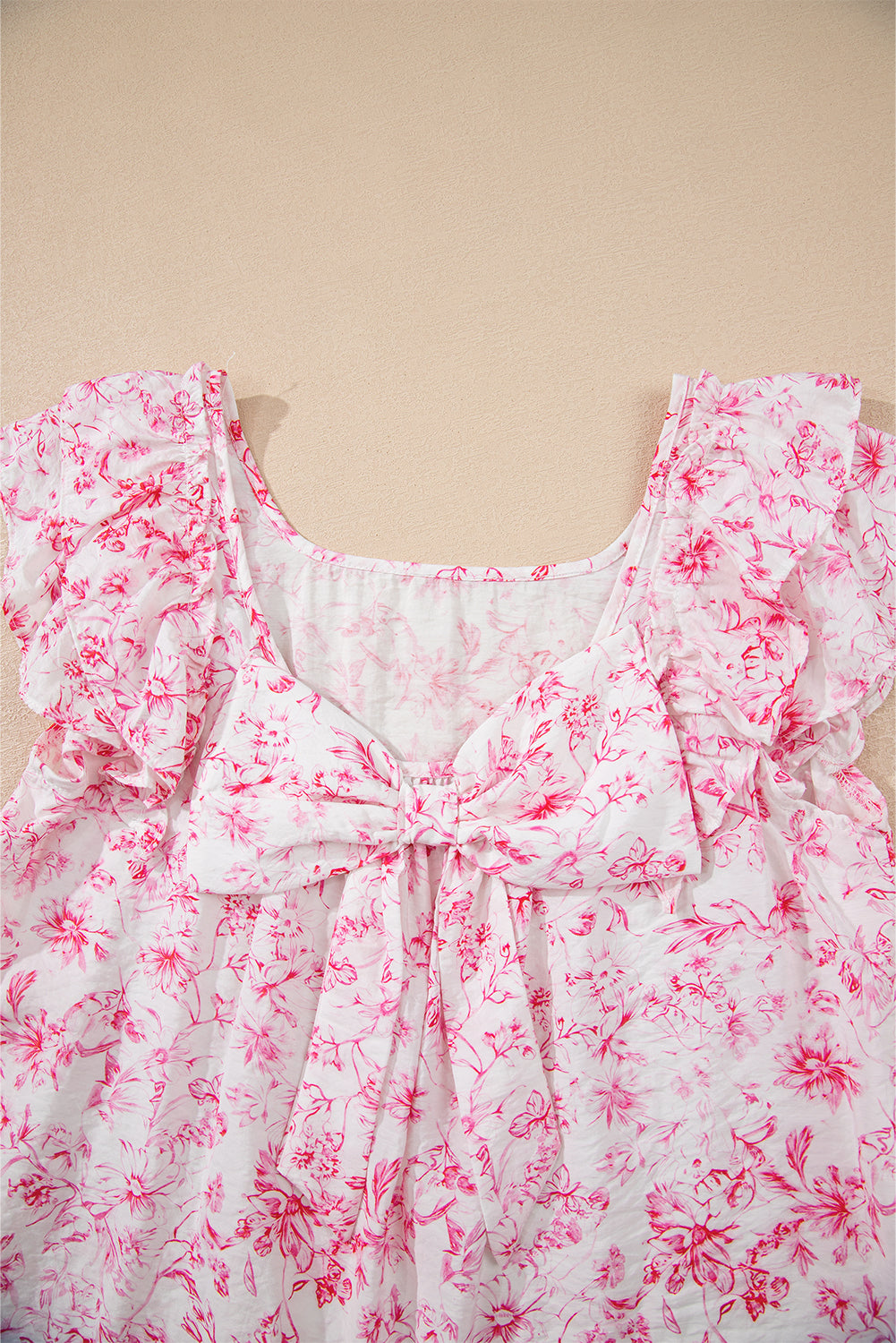 Floral Ruffled Short Sleeve Bow Back Square Neck Blouse eAura