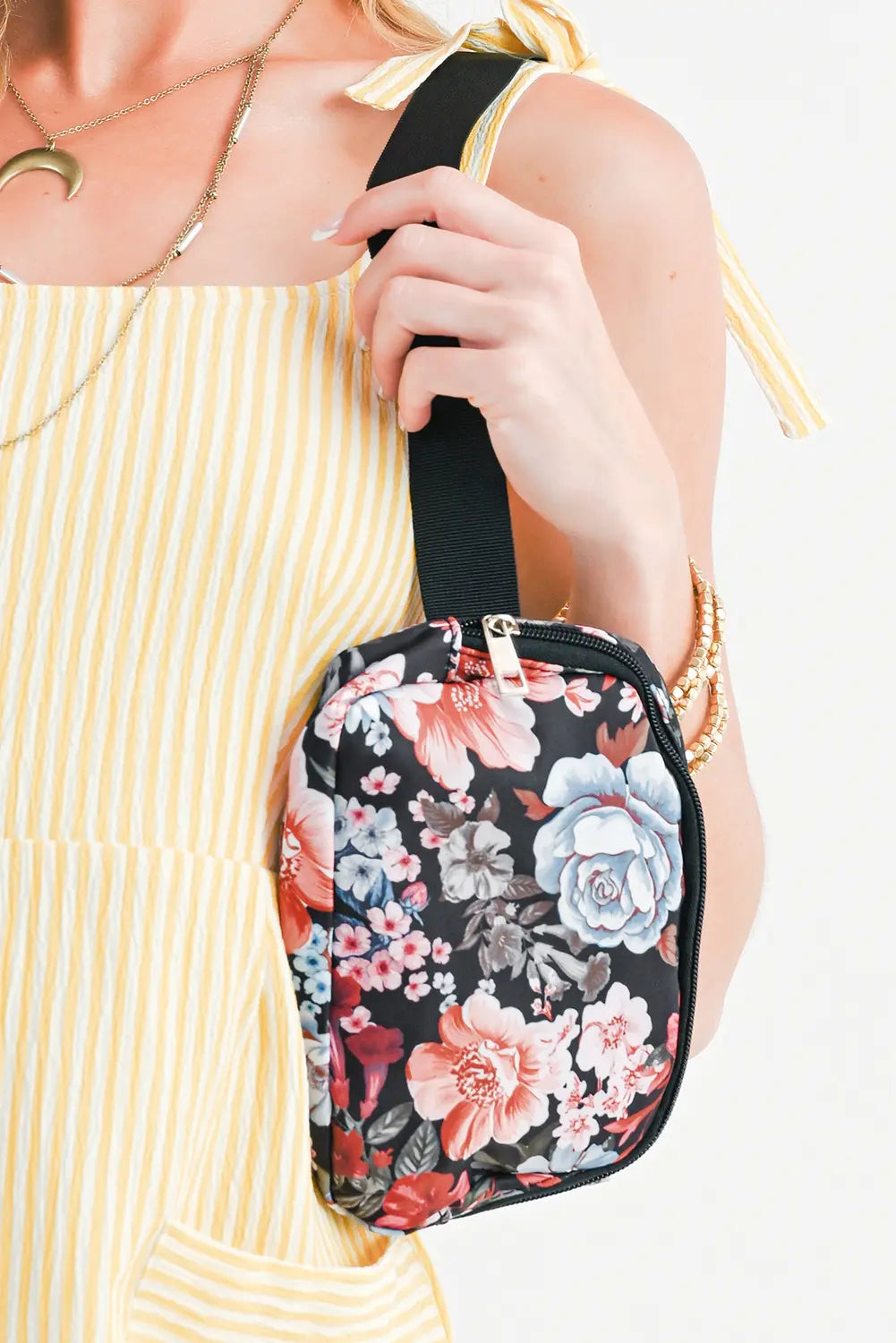 Floral Print Zipper Wide Strap Sling Bag