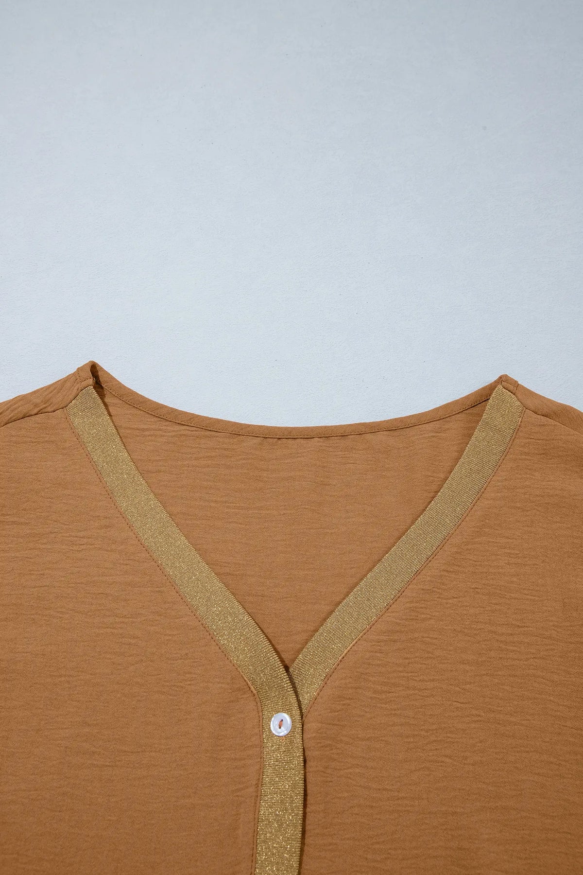 Brown V Neck Glitter Trim Patchwork Button-Front Blouse – Honey Gold