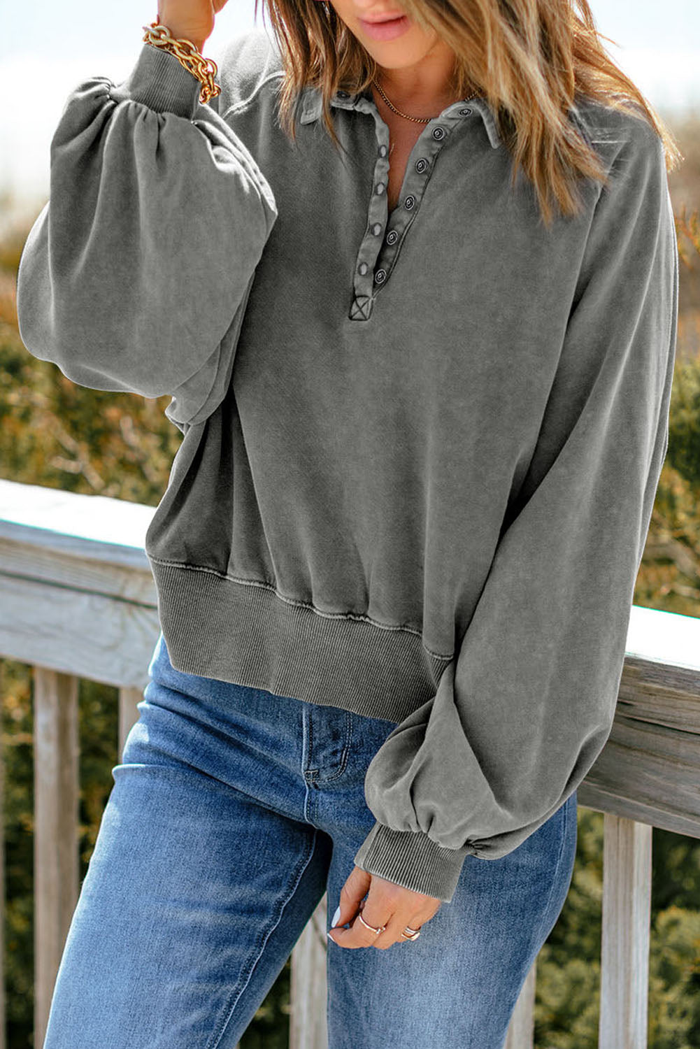 Grey Washed Snap Buttons Lantern Sleeve Pullover Sweatshirt eAura