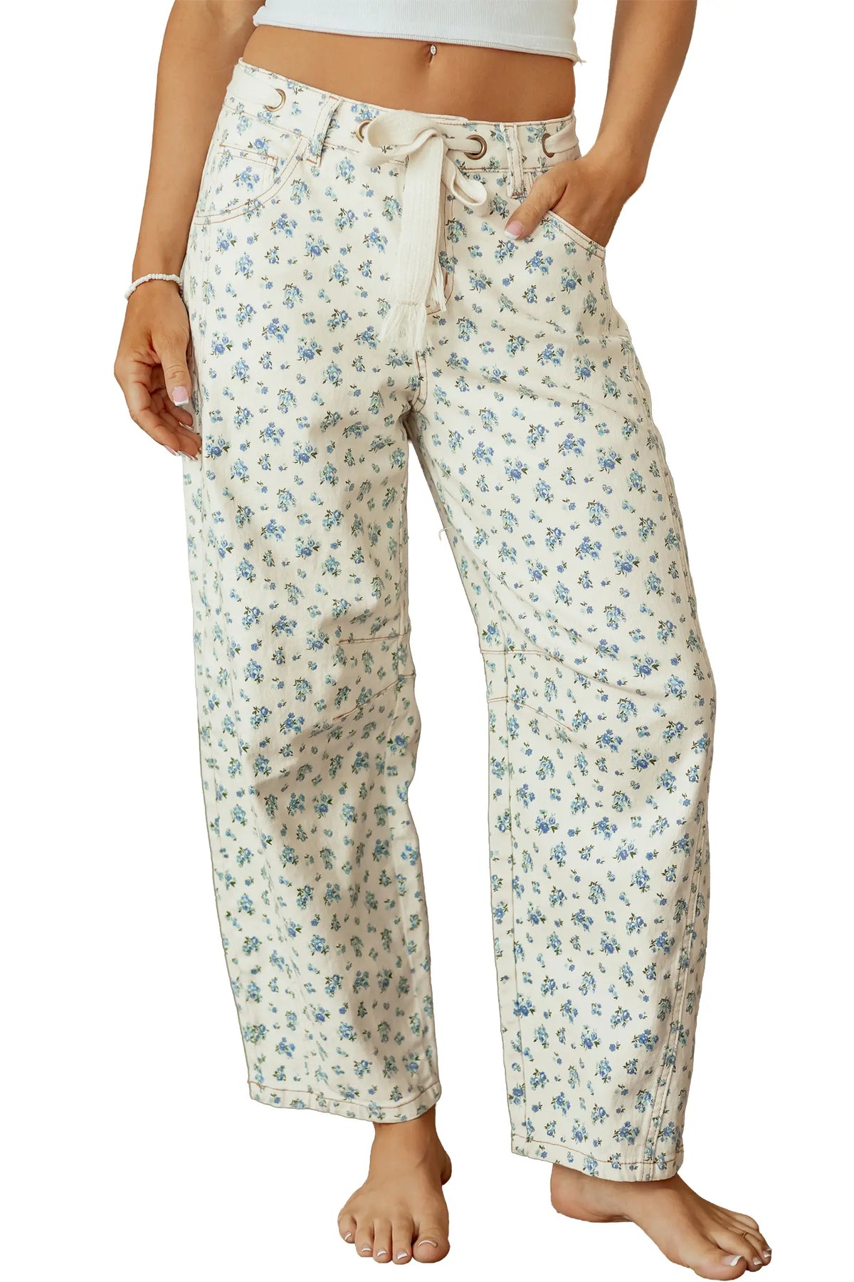 Grommet Knot Waist Floral Barrel Leg Jeans – Beige