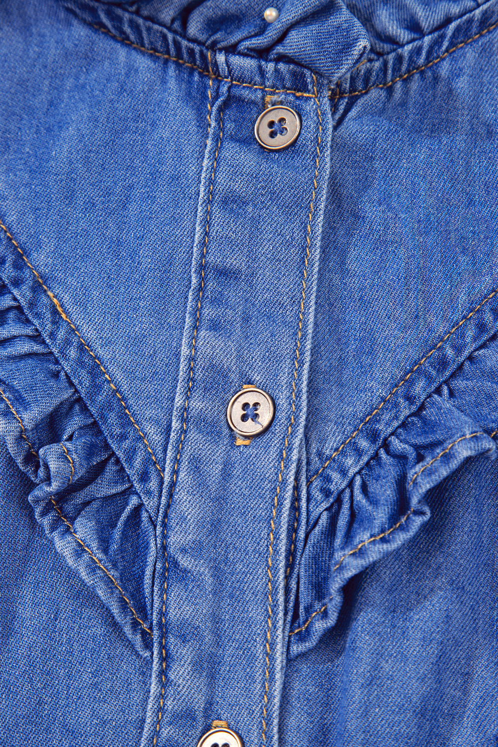 Mineral Wash Cap Sleeve Ruffled Button Up Denim Shirt eAura
