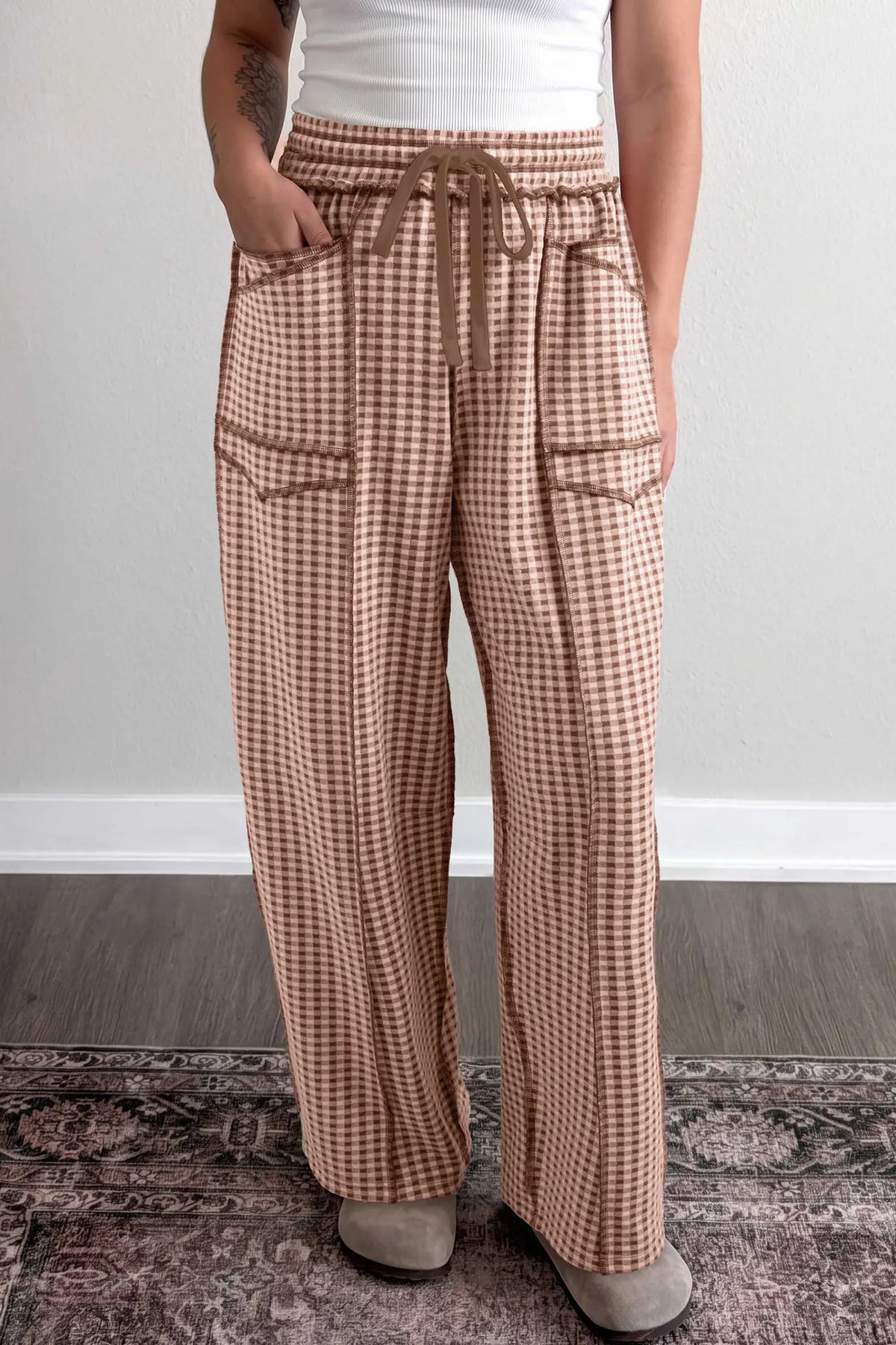 Brown Plaid Contrast Trim Drawstring Elastic Waist Shift Pants
